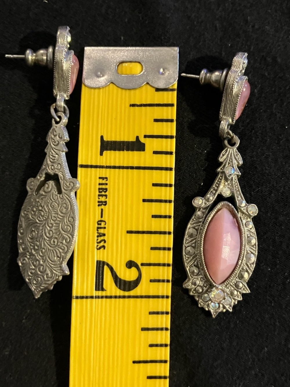 Pink Marquise Drop Earrings with Vintage Silver Detail - Picture 4 of 4